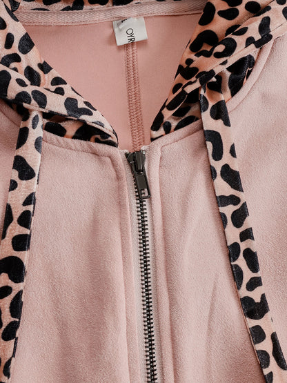 Western Retro Pink Faux Suede Sleeveless Leopard Print Hooded Wide-Leg Jumpsuit