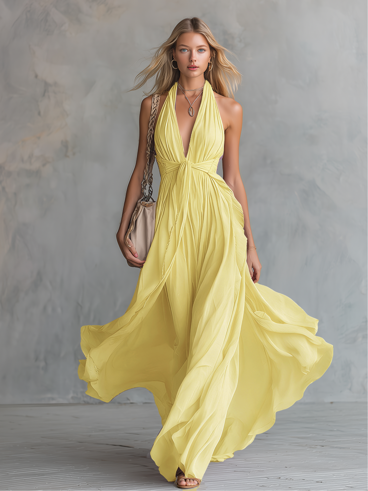 Elegant And Stylish Halter Neck V-neck Sleeveless Chiffon Maxi Dress