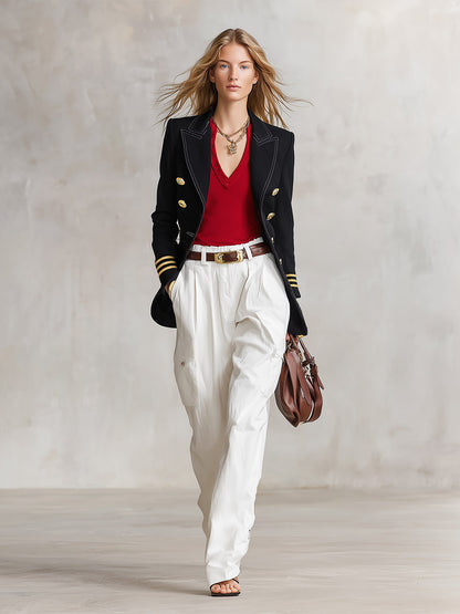 Chic Urban Style Gold-tone Trim Metal Clasp Black Blazer