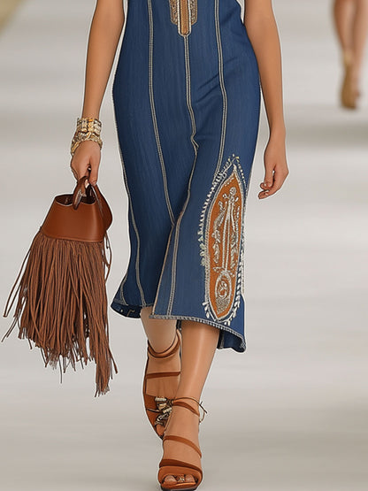 Vintage Paisley Embroidery Zipper Slit Sleeveless Denim Midi Dress