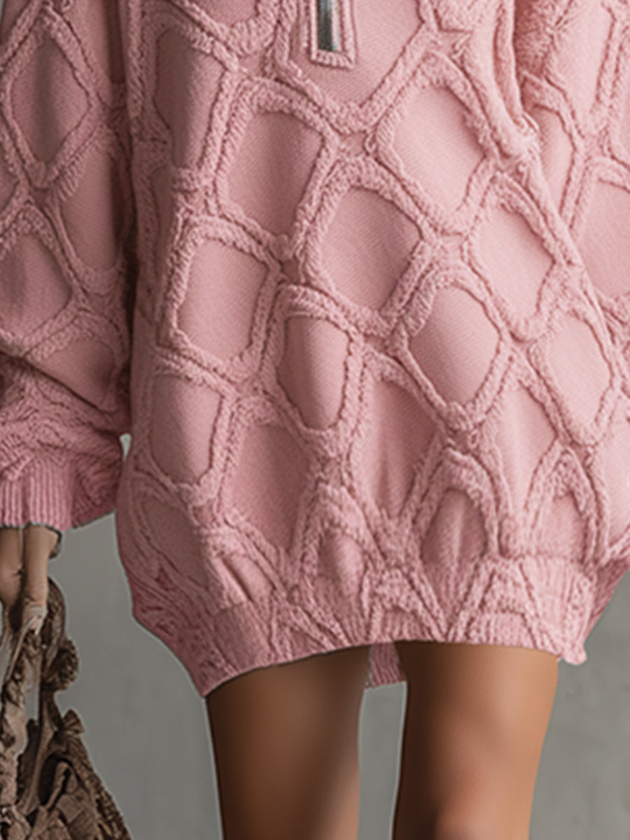 Trendy Loose-fitting Pink Denim Diamond-patterned Frayed Mini Dress