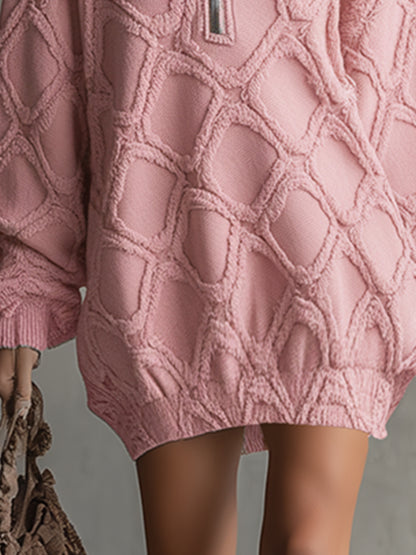 Trendy Loose-fitting Pink Denim Diamond-patterned Frayed Mini Dress