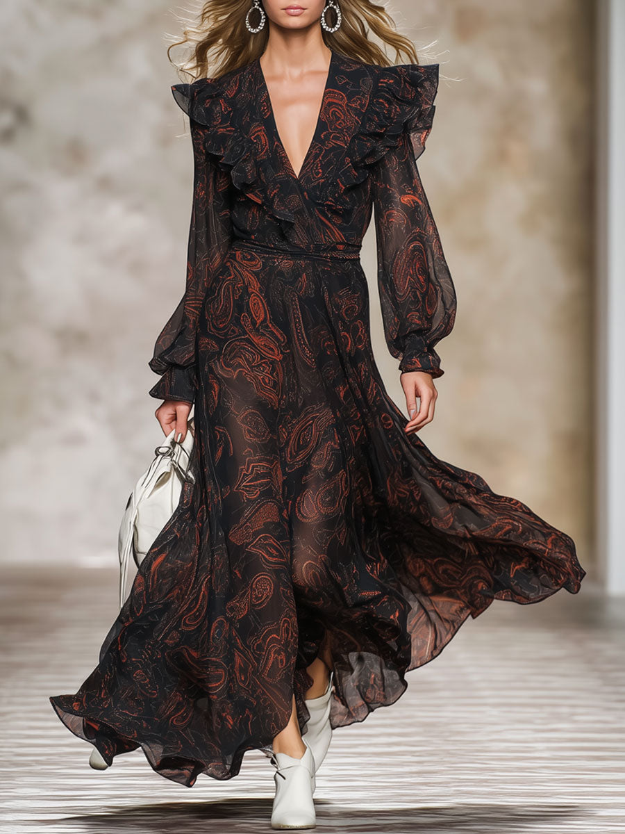 Fashionable Retro Long-sleeved Paisley Black Chiffon Ruffle Maxi Dress