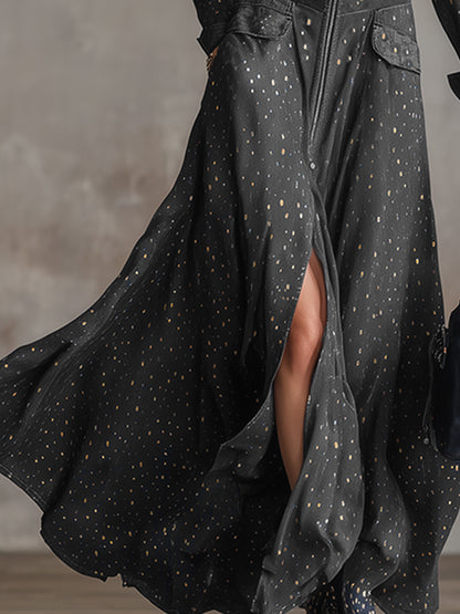 Elegant Polka Dot Gold Foil Gray Tencel Denim Maxi Dress