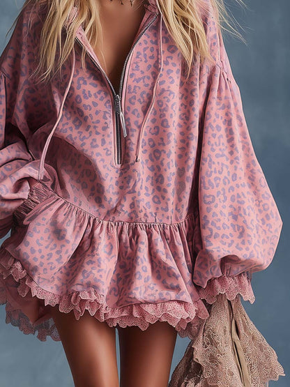 Elegant Western Hooded Front Zipper Ruffled Hem Pink Leopard Print Suede Mini Dress