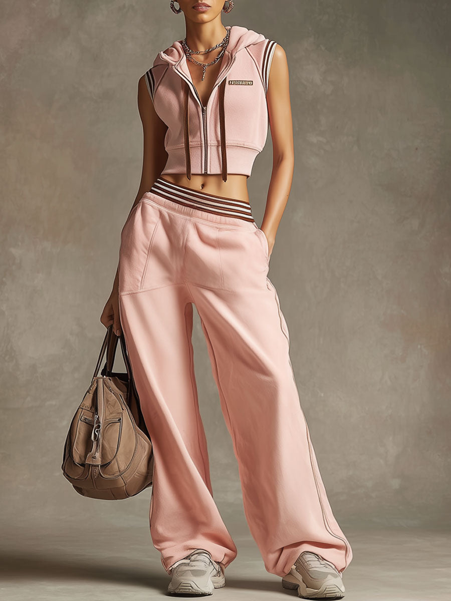 Retro Sporty Pink Cotton Hooded Vest And Wide-leg Pants Set