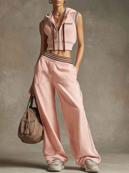 Retro Sporty Pink Cotton Hooded Vest And Wide-leg Pants Set