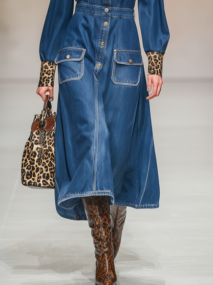 Retro Elegant Leopard Print Lapel Denim Midi Dress