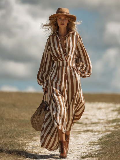 Retro Western Style Striped Collared Shirt Long Dress