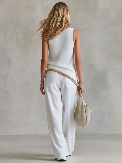 Loose-fitting Color-blocked Crew Neck Knit Top And Cotton-linen Pants Set