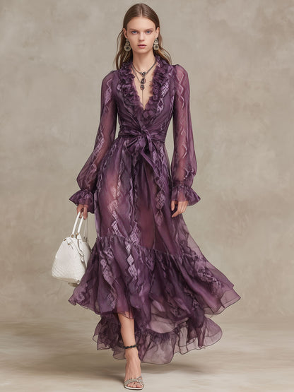 Western Retro Long-Sleeved Snake Print Purple Chiffon Ruffle Maxi Dress
