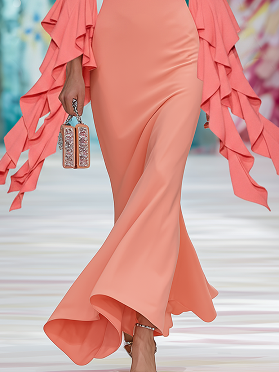 Stylish Boat Neckline Ruffled Sleeves Gradient Coral Pink Maxi Dress