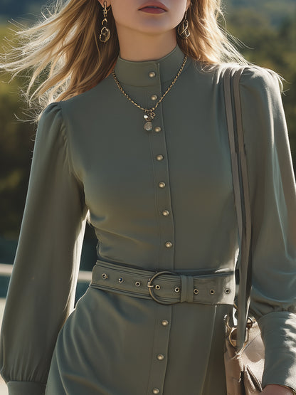 Retro-style Olive Green Stand-up Collar Mini Dress