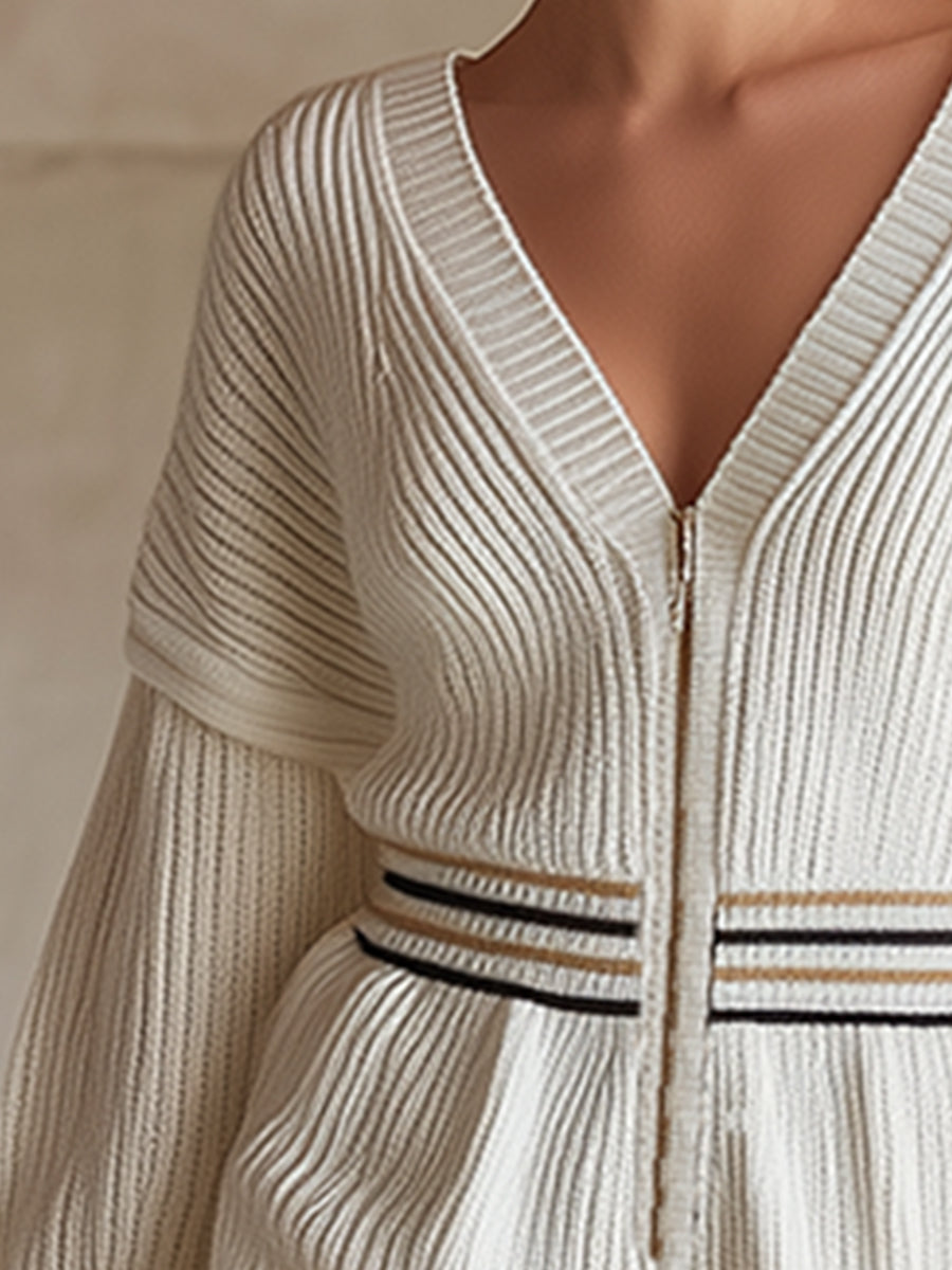 Elegant And Versatile Silhouette Cream White Knit Front Zip Long-sleeved Shorts Jumpsuit