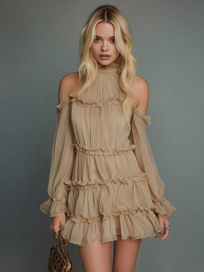 Vintage Elegant Stand-collar Long-sleeved Ruffled Chiffon Mini Dress