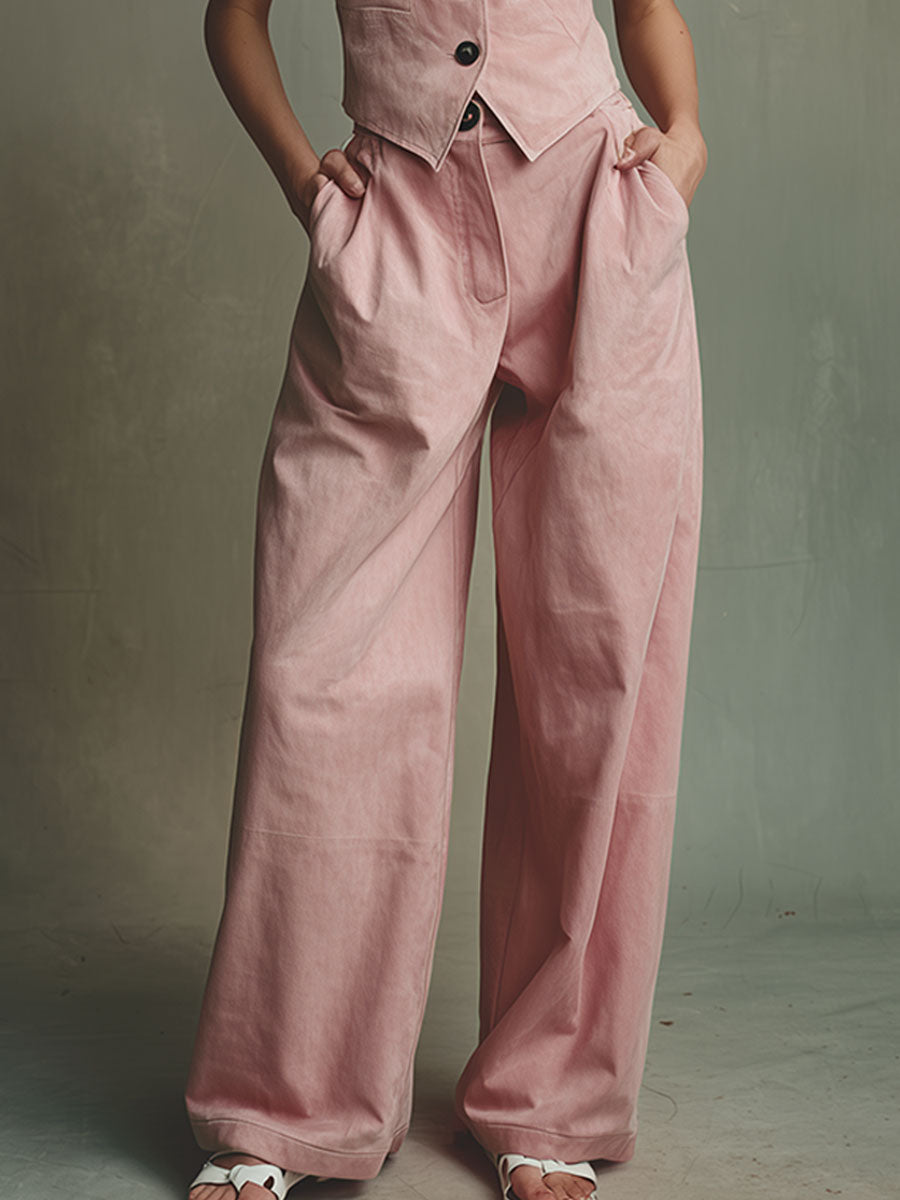 Western Retro Pink Faux Suede Sleeveless Top And Pants Set
