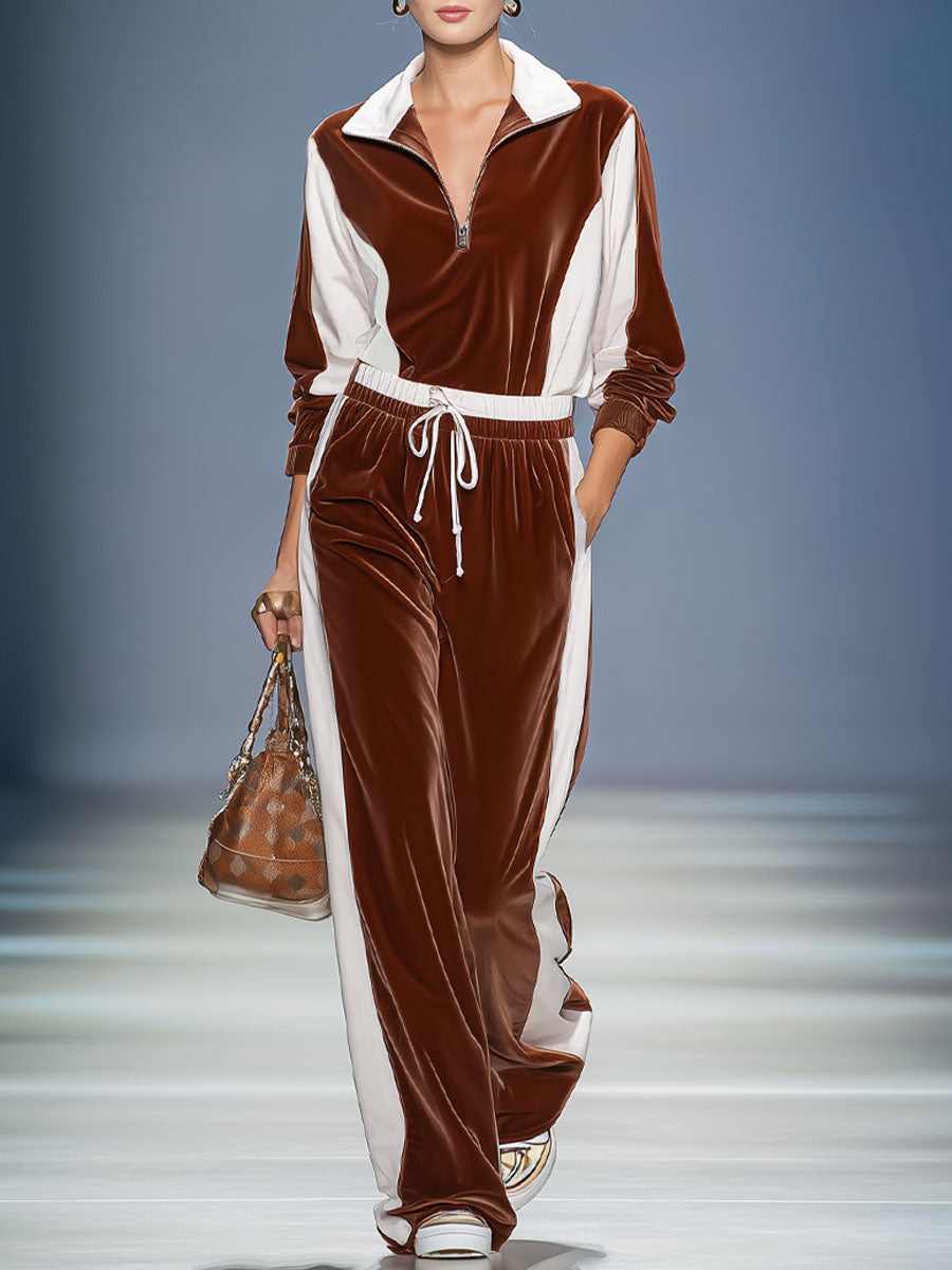 Lapel Collar Zip-up Color-blocked Velvet Set