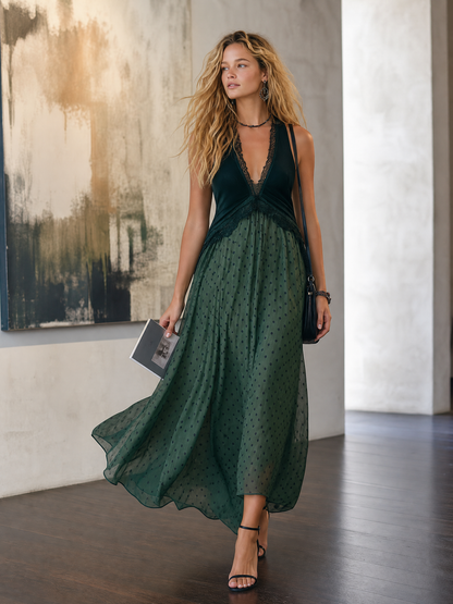 Retro-casual Elegant Green Polka-dot Dress