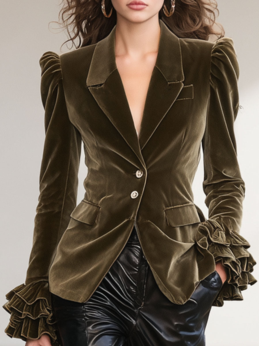 Solid Color Lapel Ruffled Single-breasted Velvet Blazer