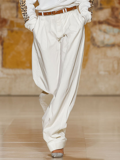 Loose-fitting High-neck Sweatshirt And Cotton And Linen Wide-leg Trousers Set