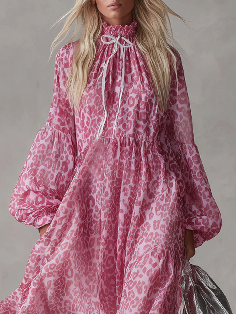Loose-fitting Leopard Print High-neck Long-sleeved Maxi Dress