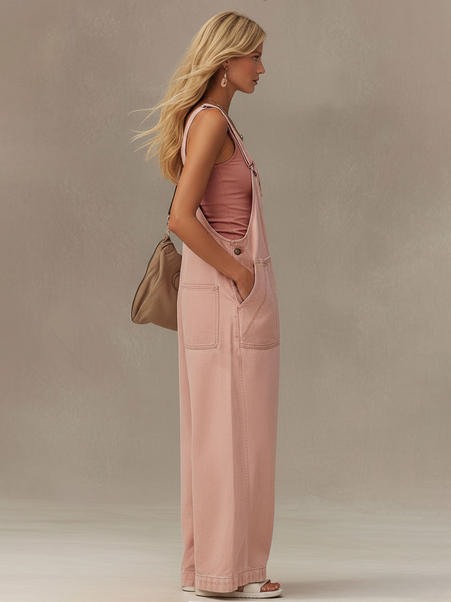 Stylish And Casual Pink Washed Denim Overalls