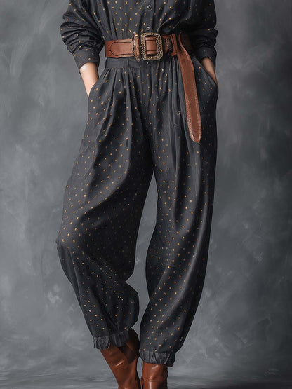 Vintage Fashiona Lapel Front Button Gold-plated Silver Polka Dot Pattern Dark Gray Denim Jumpsuit