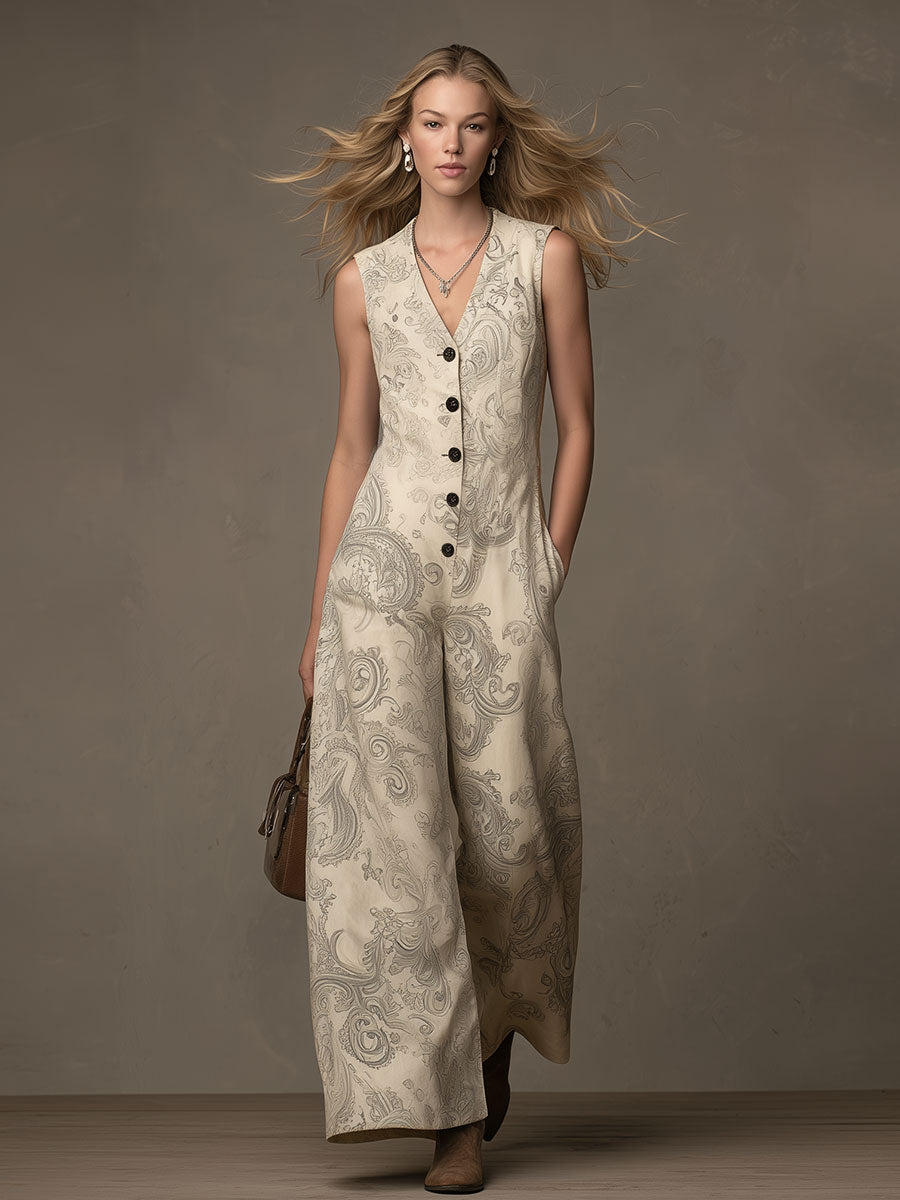 Western Retro Gray Print Off-White Sleeveless Faux Suede Jumpsuit