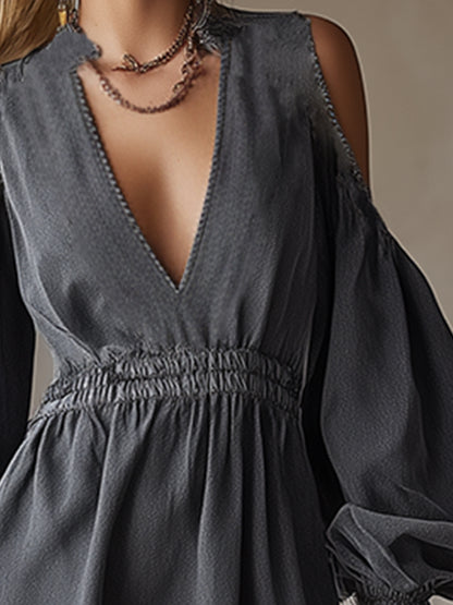 Stylish Gray Denim V-neck Off-the-shoulder Wide-sleeved Mini Dress