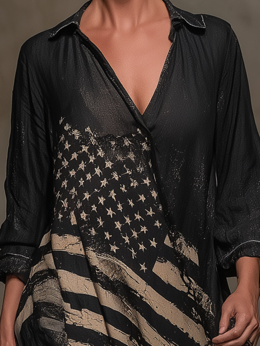 Western Black Linen V-Neck Maxi Dress With American Flag Pattern