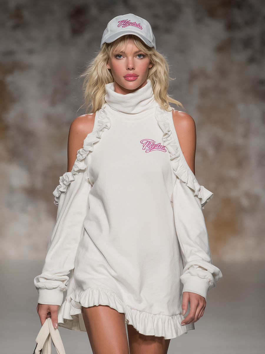 High-neck Off-shoulder Ruffled Long-sleeved Sporty Mini Dress