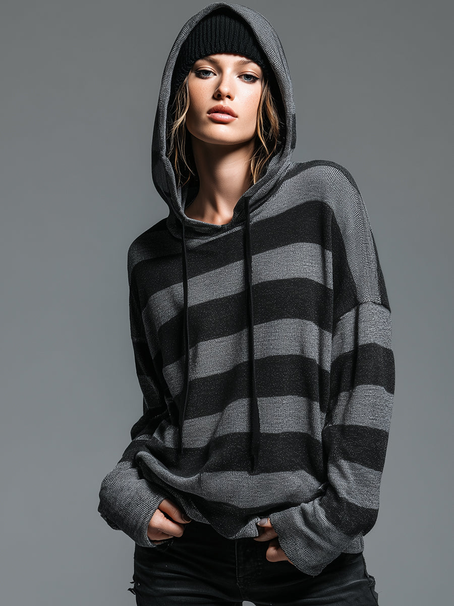 Casual Retro Black And Gray Hooded Knit Sweater