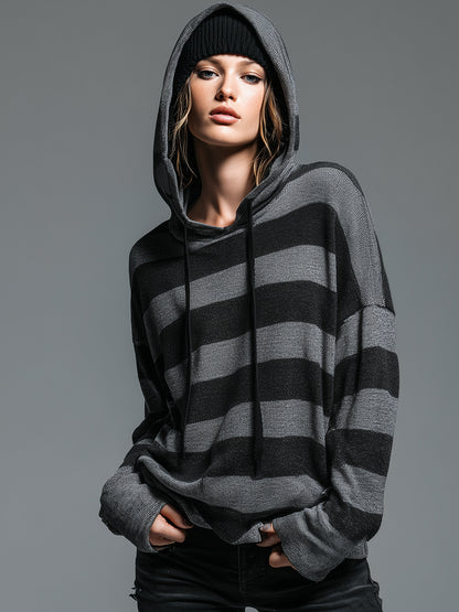 Casual Retro Black And Gray Hooded Knit Sweater