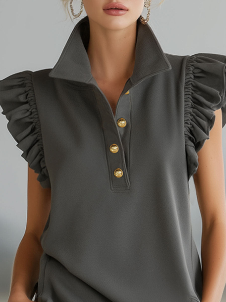 Collared Button-down Ruffled Sleeveless Mini Dress