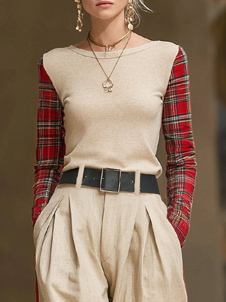 Red Checkered Patchwork Crew Neck Long-sleeved T-shirt And Loose Wide-leg Pants Set