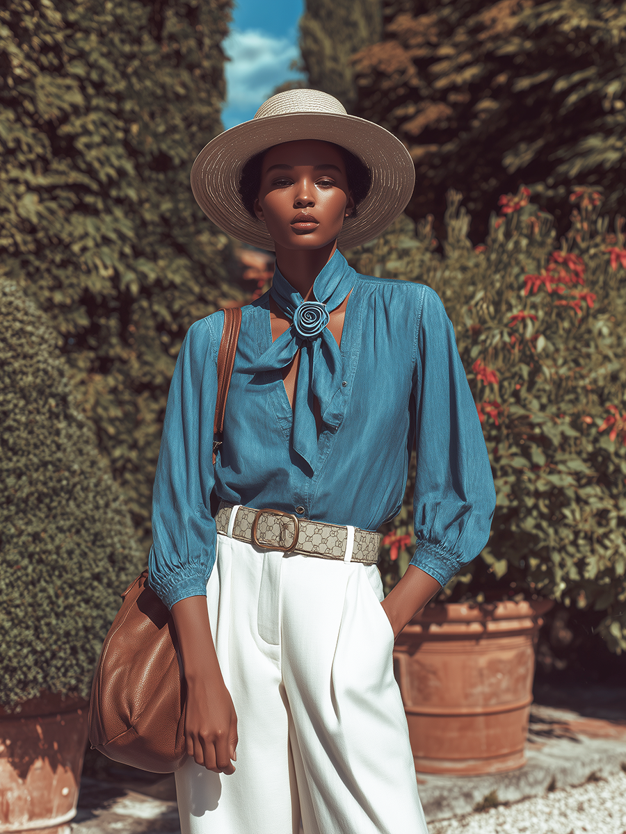 Elegant Loose-fitting Three-dimensional Rose Bow Tie Denim Long-sleeved Shirt