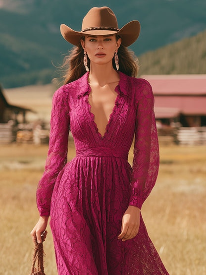 Western Retro V-neck Rose Red Lace Long-sleeved Midi Dress