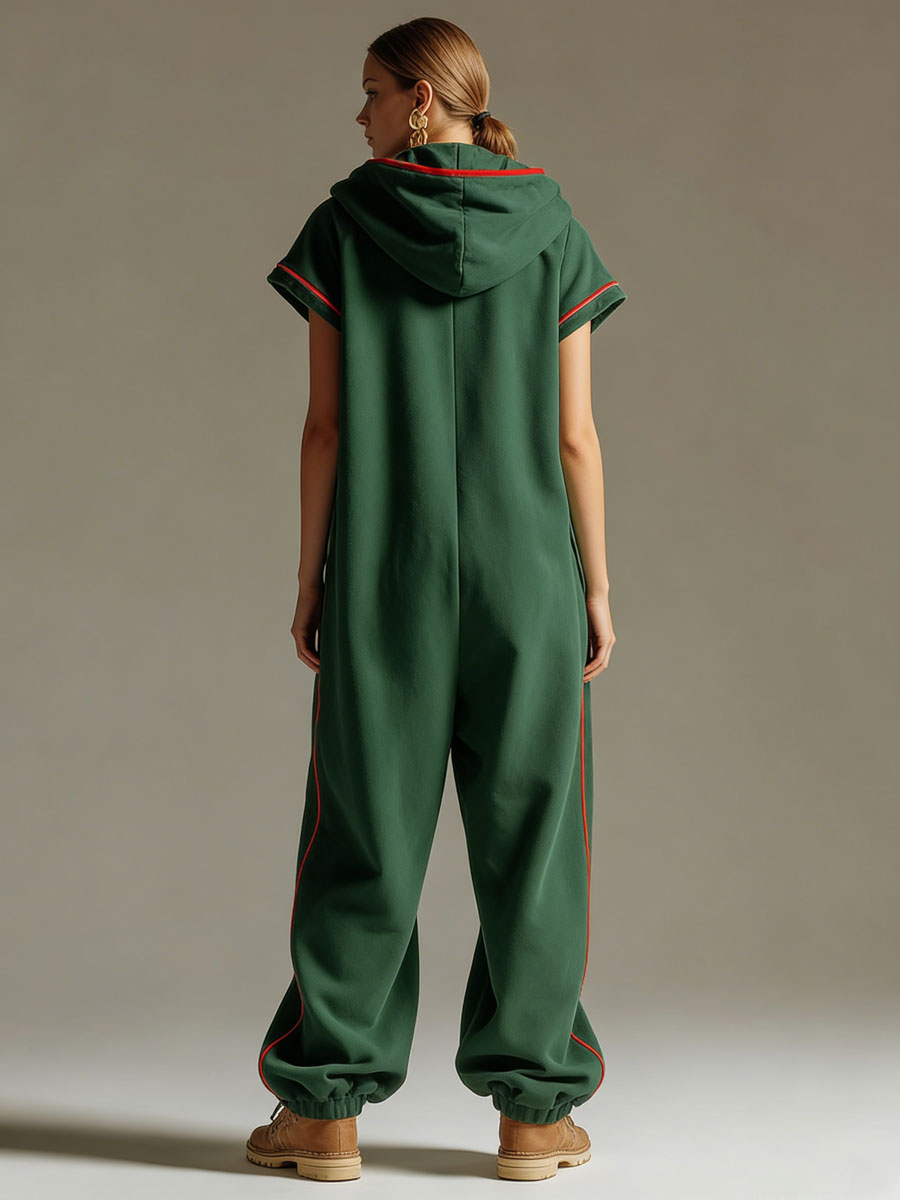 Loose-fitting Retro Sporty Dark Green Hooded Short-sleeved Jumpsuit