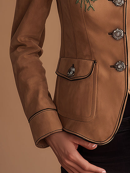 Vintage Western-style Embroidered Brown Lapel Faux Suede Blazer
