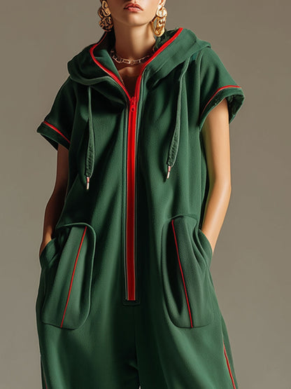 Loose-fitting Retro Sporty Dark Green Hooded Short-sleeved Jumpsuit