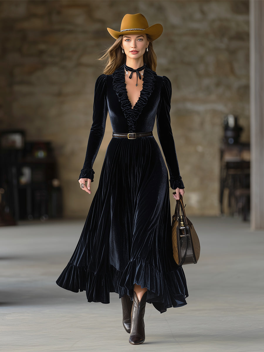 Stylish Black Velvet V-neck Ruffled Maxi Dress With Belt