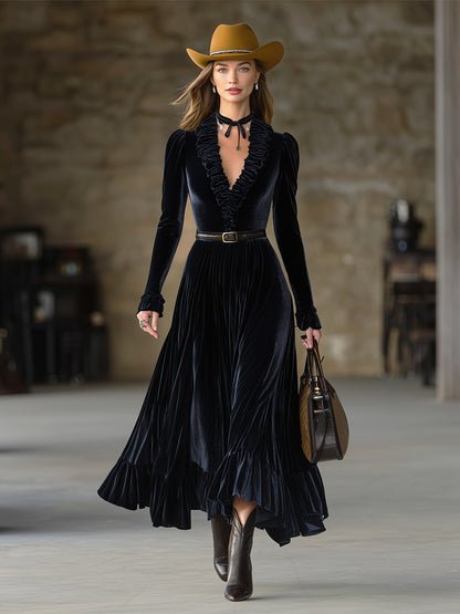 Stylish Black Velvet V-neck Ruffled Maxi Dress With Belt