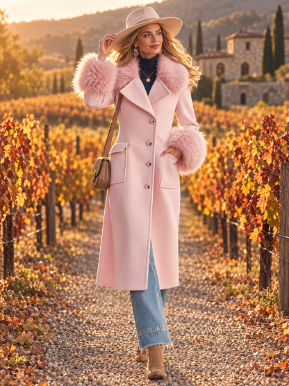 Elegant Faux-fur Collar And Cuffs Long Pink Wool-blend Coat