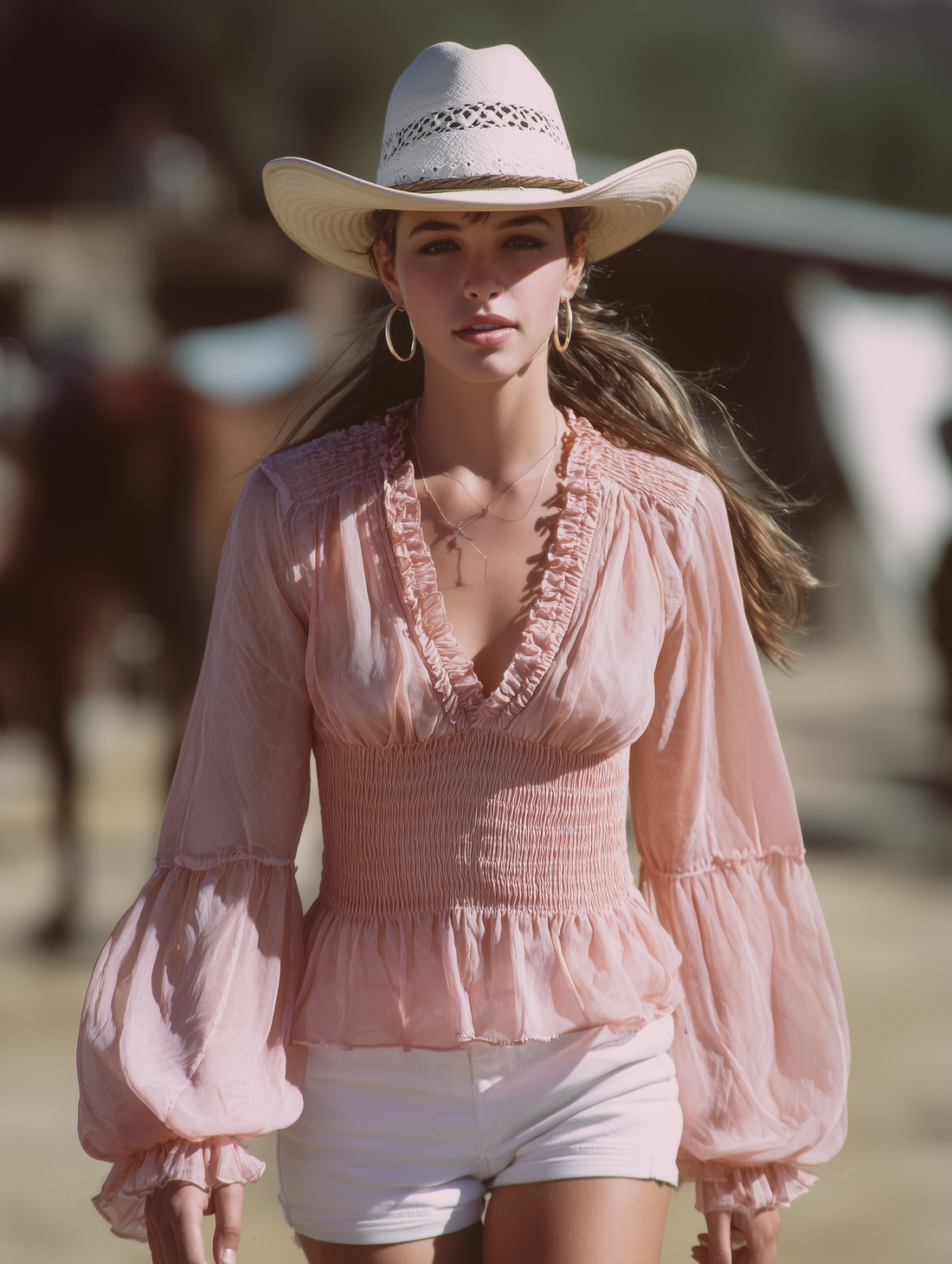 Western-style Pink Chiffon V-neck  With Ruffled Trim And Elasticated Waist  Top