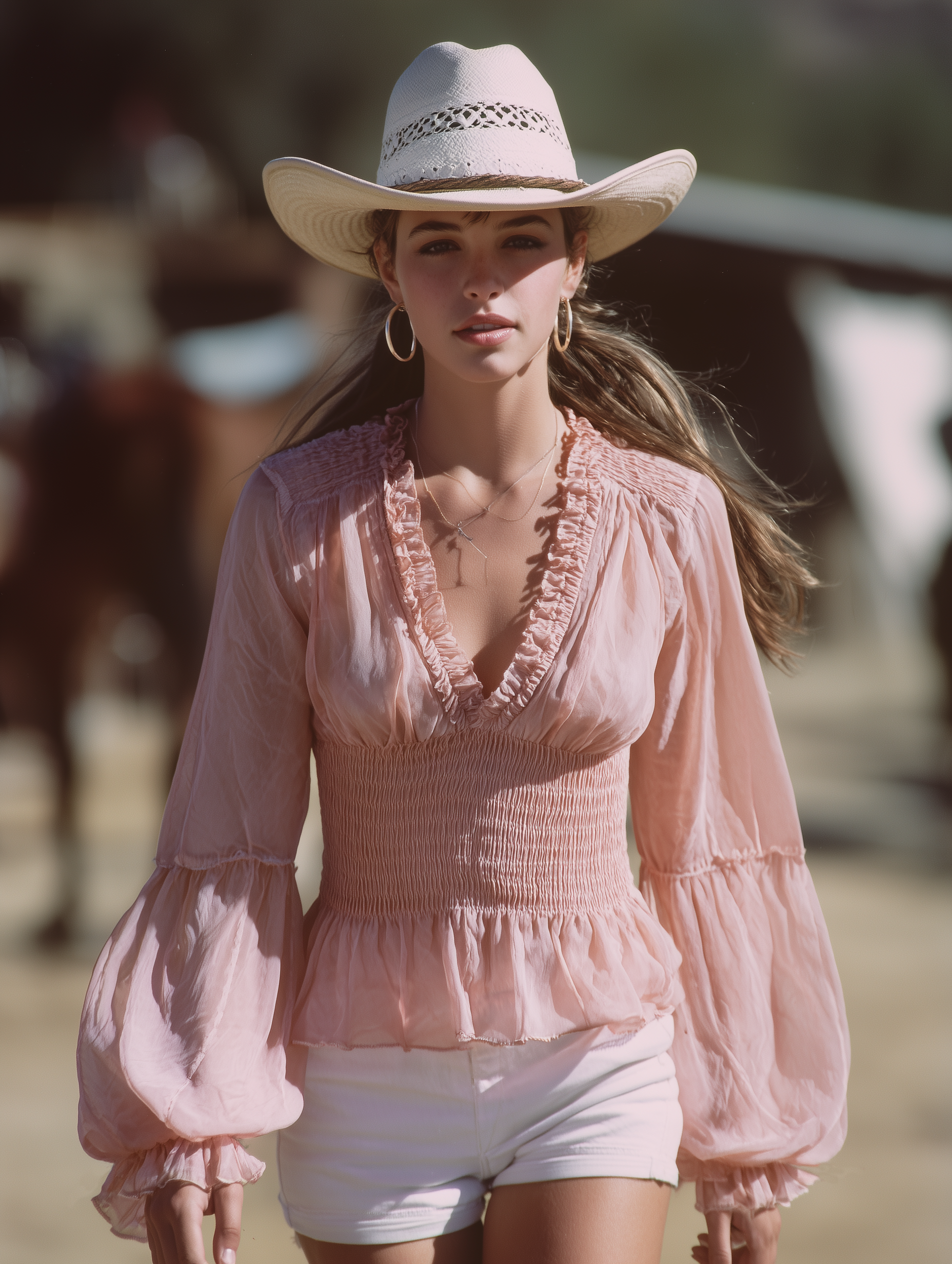 Western-style Pink Chiffon V-neck  With Ruffled Trim And Elasticated Waist  Top