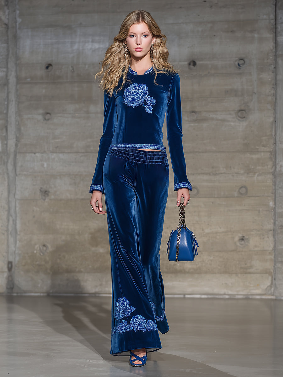 Classic Blue Round Neck Rose Embroidered Top And Flared Pants Set