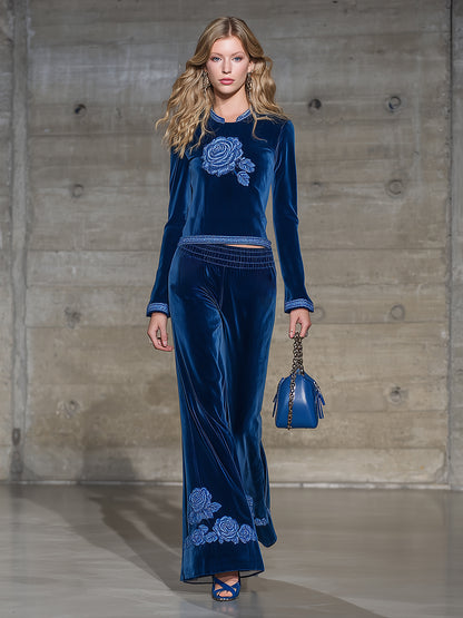 Classic Blue Round Neck Rose Embroidered Top And Flared Pants Set