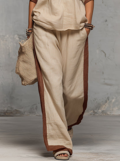 Casual Retro Vacation V-neck Contrasting Trim Top And Wide-leg Pants Set