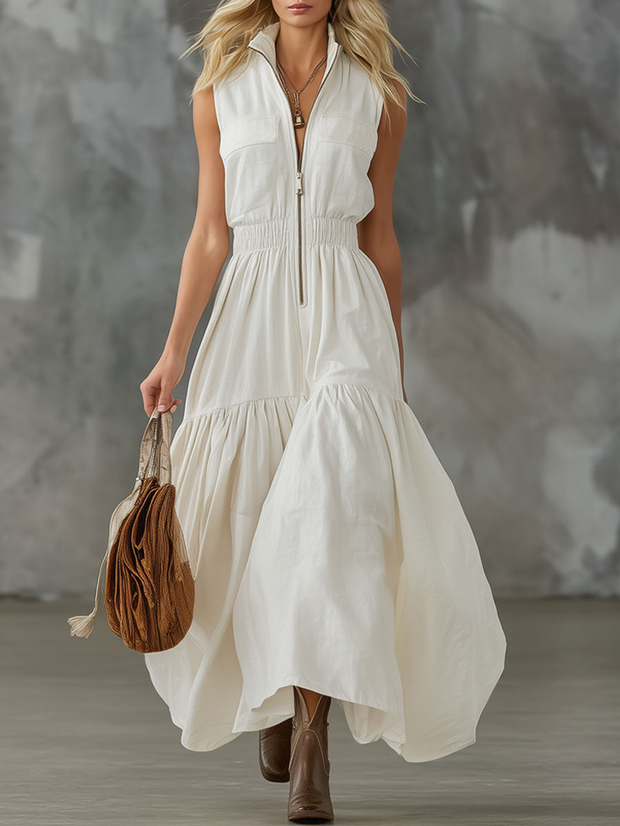 Stand-collar Double-pocket Elastic-waist Cotton-linen Sleeveless Maxi Dress