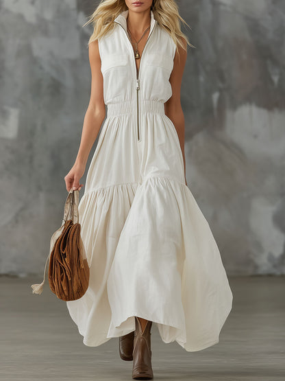 Stand-collar Double-pocket Elastic-waist Cotton-linen Sleeveless Maxi Dress